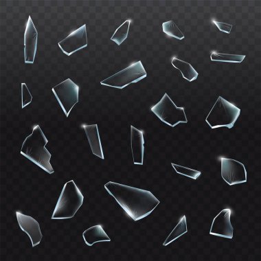 Kırık cam parçaları. Siyah arka planda kırık camlar. Vektör gerçekçi illüstrasyon