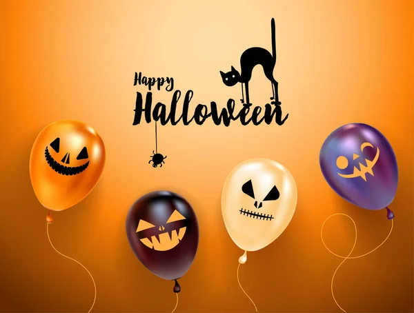 Set di palloncini di Halloween con volti spaventosi e logo di Halloween con gatto in cappello. Sfondo arancione. Biglietto di auguri, invito alle feste o modello banner di vendita — Vettoriale Stock