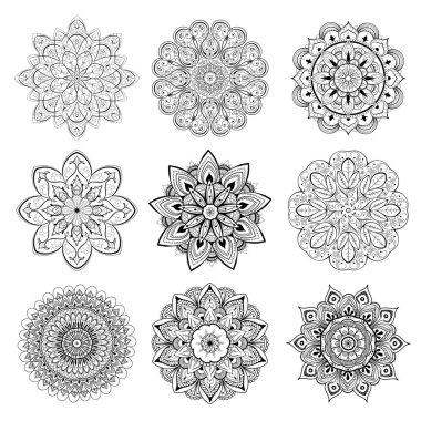 Güzel mandalalar ve dantel halkalar. Yuvarlak gradyan mandala vektörü. Geleneksel oryantal bir aksesuar. Yoga, meditasyon ve ruhani nesnelere uygulama elementi