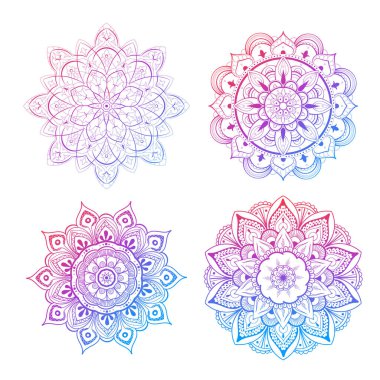 Güzel mandalalar ve dantel halkalar. Yuvarlak gradyan mandala vektörü. Geleneksel oryantal bir aksesuar. Yoga, meditasyon ve ruhani nesnelere uygulama elementi