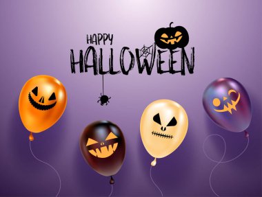 Korkunç yüzlü cadılar bayramı balonları ve şapkalı kedili cadılar bayramı logosu. Mor arka plan. Tebrik kartı, parti davetiyesi veya indirimli pankart şablonu