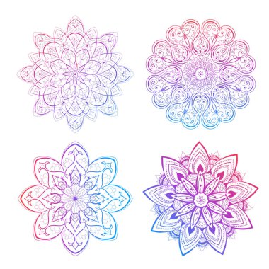 Güzel mandalalar ve dantel halkalar. Yuvarlak gradyan mandala vektörü. Geleneksel oryantal bir aksesuar. Yoga, meditasyon ve ruhani nesnelere uygulama elementi