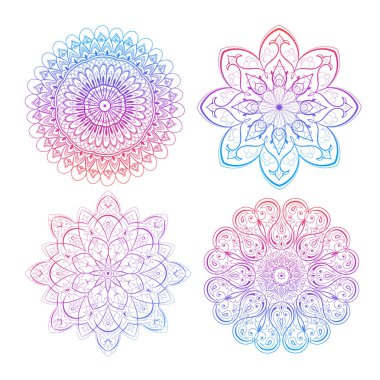Güzel mandalalar ve dantel halkalar. Yuvarlak gradyan mandala vektörü. Geleneksel oryantal bir aksesuar. Yoga, meditasyon ve ruhani nesnelere uygulama elementi