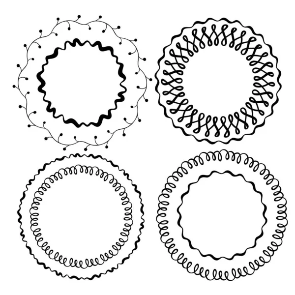 Vektor-Set von handgezeichneten runden Rahmen. Vektorisolierte Illustration. Pinsel mit Eckfliesen und Enden sind im Lieferumfang enthalten. — Stockvektor
