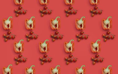 Domatesle dilimlenmiş kırmızı biber. Gıda deseni üst görünümü