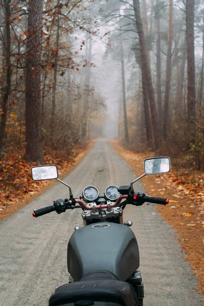 Motorcycle Road Foggy Pine Forest Rainy Day Photos Driver Seat — Stock Photo, Image