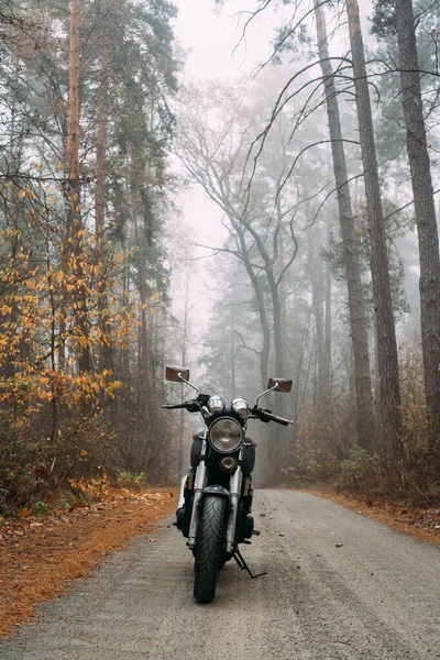 Motocicleta na estrada em uma floresta de pinheiros nebulosos. Dia chuvoso .. — Fotografia de Stock