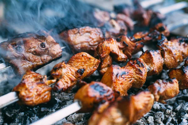 Spiesen Van Varkensribbetjes Kip Spiesjes Gegrilleerd Vlees Buiten Koken — Stockfoto