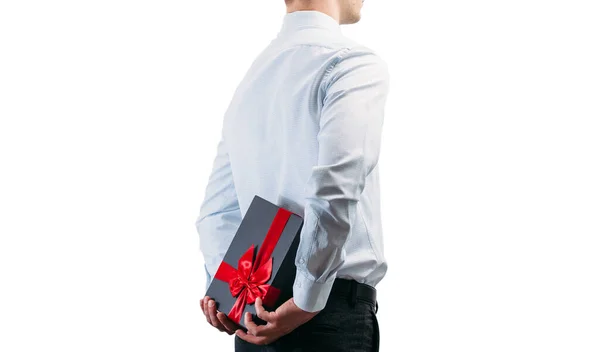 Homem Negócios Segura Presente Atrás Suas Costas Guy Uma Camisa — Fotografia de Stock