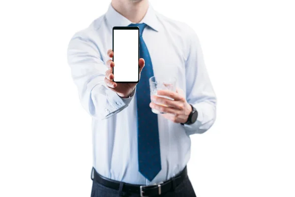 Business Man Shirt Tie Shows White Screen Phone Guy Glass — Stock Photo, Image