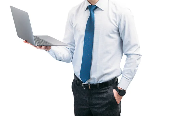 Cara Gravata Camisa Segura Laptop Com Mão Bolso — Fotografia de Stock