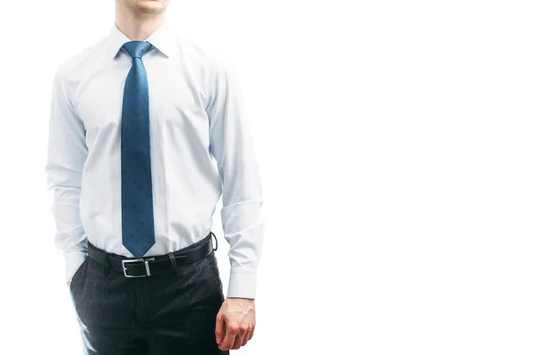 Tipo Camisa Branca Com Uma Gravata Azul Com Mão Bolso — Fotografia de Stock