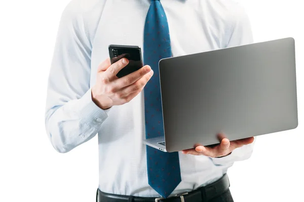 Guy Light Shirt Tie White Background Looks Phone Screen While Stock Picture