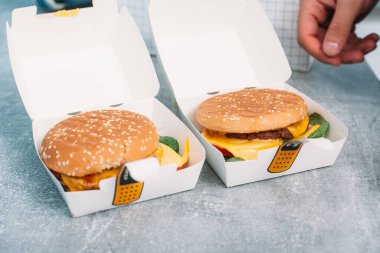 Karton kutuda vejetaryen burgerler ve yiyecek teslimatı..