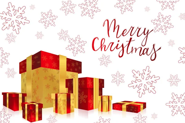 Noel kartı altın ve kırmızı ışıltılı hediyeler kırmızı kar taneleri ile beyaz bir arka plan üzerinde. Caligraphic yazıt Merry Christmas.
