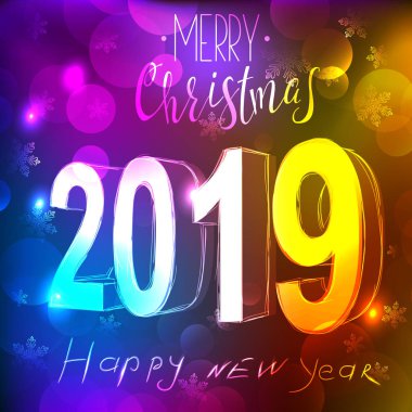 Mutlu Noeller ve mutlu yeni yıl 2019 kar taneleri ile parlak bir arka plan üzerinde