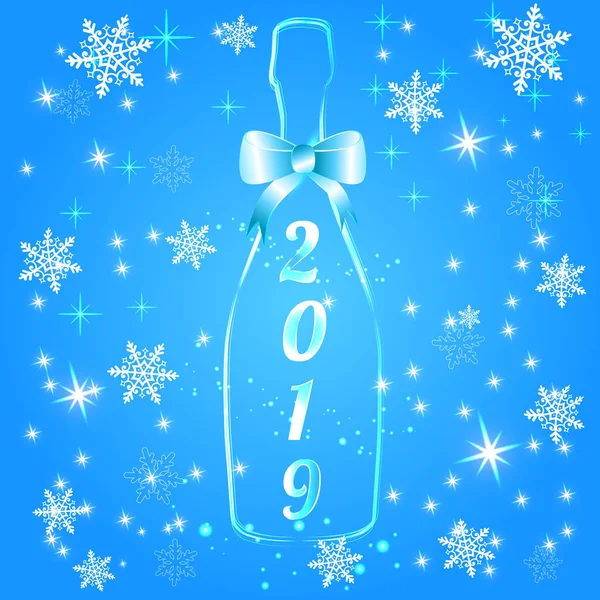 2019 Parlatıcı yay üzerinde mavi arka plan ile birlikte şampanya şişesi