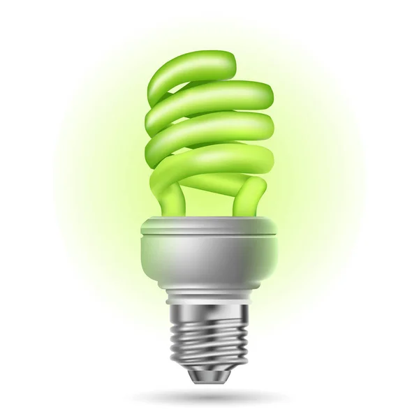 Lâmpada Poupança Energia Brilha Verde Sobre Fundo Branco —  Vetores de Stock