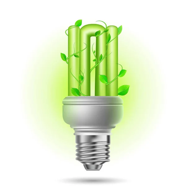 Energy Saving Lamp Glows Green White Background Green Leaves — Stock Vector