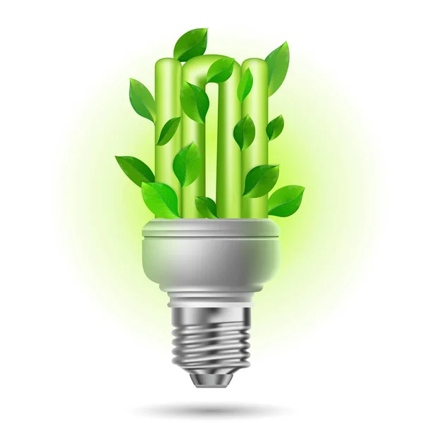 enerji tasarrufu lambası yeşil yaprakları ile beyaz bir arka plan üzerinde yeşil renkte yanıyor.