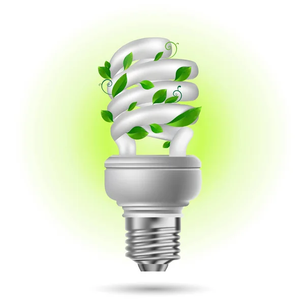 Eco Lampa Zelenými Listy Bílém Pozadí — Stockový vektor