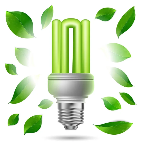 Energy Saving Lamp Glows Green White Background Green Leaves — Stock Vector