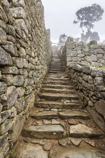 Following the Inca steps in the streets paths inside the famous travel destination: Machu Picchu citadel just an amazing representation of the Inca Empire the Lost City in the Andes on a foggy day