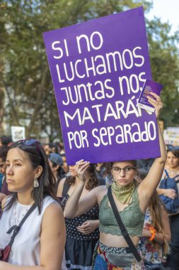 Kadınlar günü 8 m Santiago de Chile sırasında protestocu işaretler taşıyan insanlar. Şehir: Santiagocountry: Şili tarihi: 8 Mart 2019