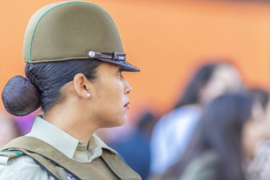 Carabinero polis kadın portre Santiago de Chile şehrinde kadın gün gösteri sırasında: Santiago ülke: Şili 8 Mart 2019