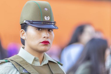 Carabinero polis kadın portre Santiago de Chile şehrinde kadın gün gösteri sırasında: Santiago ülke: Şili 8 Mart 2019
