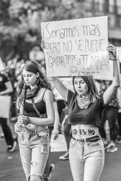 女性の日サンティアゴ チレで の間に抗議の印を運ぶ人々 Santiagocountry チリの日 2019 — ストック写真