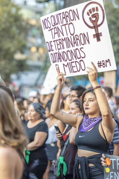 女性の日サンティアゴ チレで の間に抗議の印を運ぶ人々 Santiagocountry チリの日 2019 — ストック写真