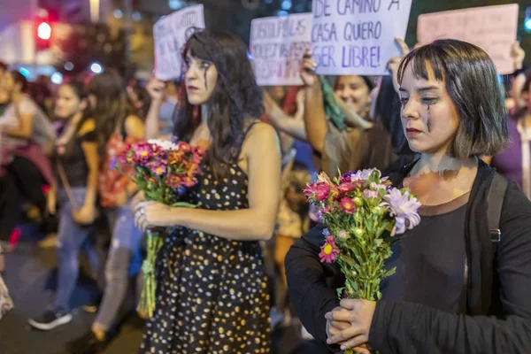 サンティアゴ 2019 日国際女性の日 March Santiago 市民会館通り女性のデモ中に — ストック写真