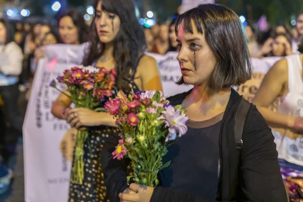 サンティアゴ 2019 日国際女性の日 March Santiago 市民会館通り女性のデモ中に — ストック写真