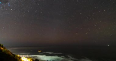 Samanyolu 'nun Pasifik Okyanusu kıyısındaki gece gökyüzünde zamanı. 