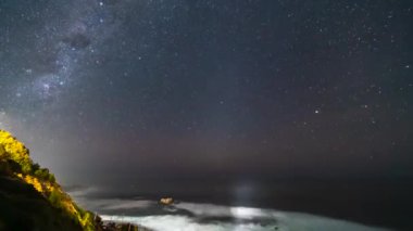 Samanyolu 'nun Pasifik Okyanusu kıyısındaki gece gökyüzünde zamanı. 