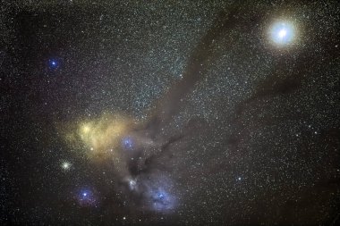 Orion Constellation with the hunter and Orion Nebulae is and amazing place on the universe. In the lower right we can see Betelgeuse a giant red star that is going to explode and create a supernova clipart