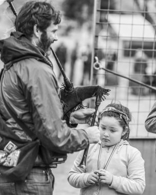 EL VOLCAN, SANTIAGO COUNTRY, ŞİLYE - 8 Ekim 2019: And Dağları 'ndaki Cajon del Maipo Vadisi' nde Madenciler Günü kutlamaları sırasında gayda çalan gaydalı müzisyen 