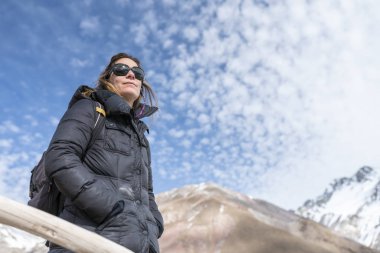 Kadın yürüyüşçü And Dağları 'nın vahşi manzarasına bakıyor. 