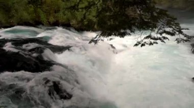 Caburgua Nehri 'nin vahşi beyaz suları Carileufu Şelalesi' ne dökülüp atlıyor. Pucon 'daki Şili yağmur ormanlarının güneyinde inanılmaz bir manzara, biraz dinlenmek için cennet manzarası.