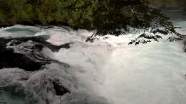 Caburgua Nehri 'nin vahşi beyaz suları Carileufu Şelalesi' ne dökülüp atlıyor. Pucon 'daki Şili yağmur ormanlarının güneyinde inanılmaz bir manzara, biraz dinlenmek için cennet manzarası.