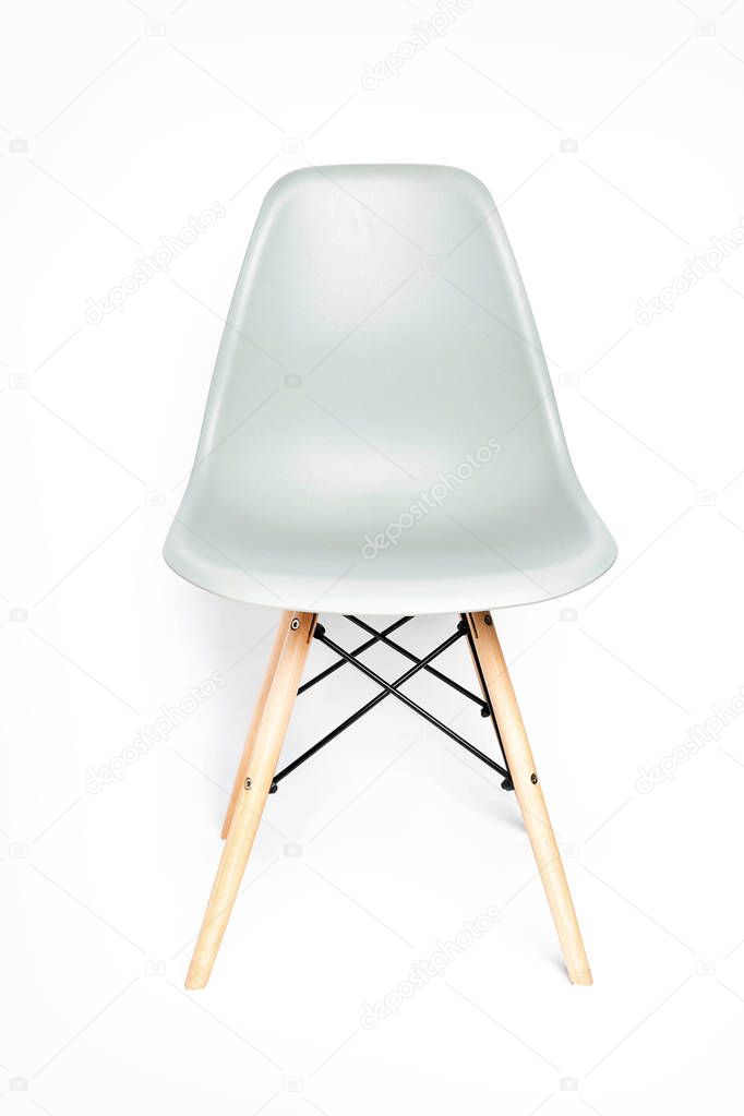 Gray modern chair with wooden legs isolated on white background