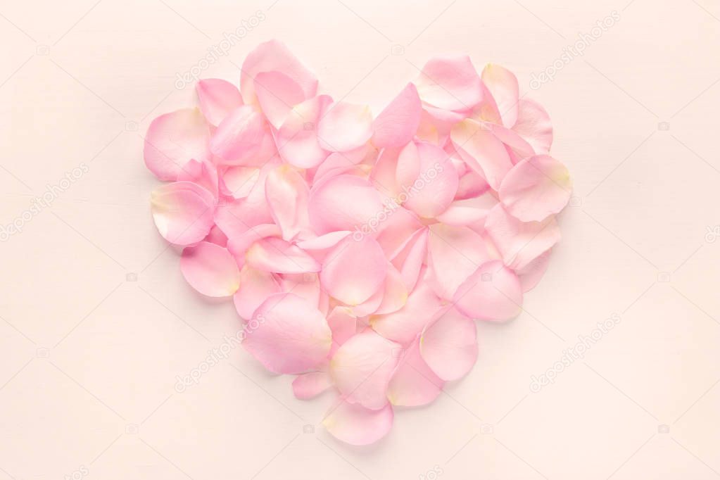 Heart of rose flower petals on a pink, pastel background
