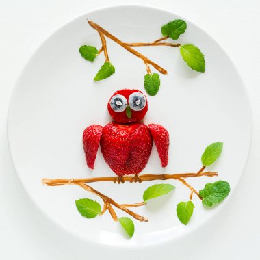 Gıda Sanat yaratıcı kavramı. Oturan bir dalda baykuşlar. Çilek, yaban mersini, çikolata, nane kompozisyon. Üstten görünüm.