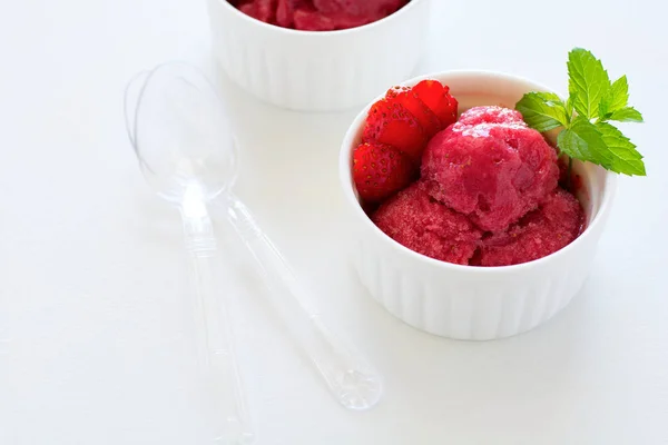 Fruit Strawberry Sorbet Mint Bowl White Wooden Background — Stock Photo, Image