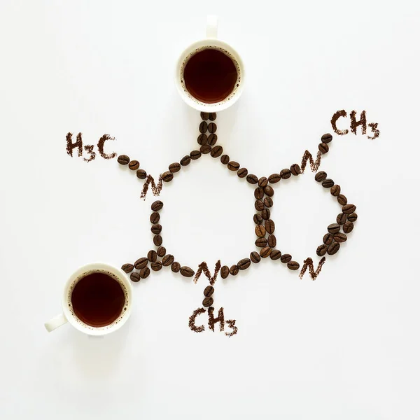 Chemische Formel Von Koffein Tassen Espresso Bohnen Und Kaffeepulver Kunst — Stockfoto