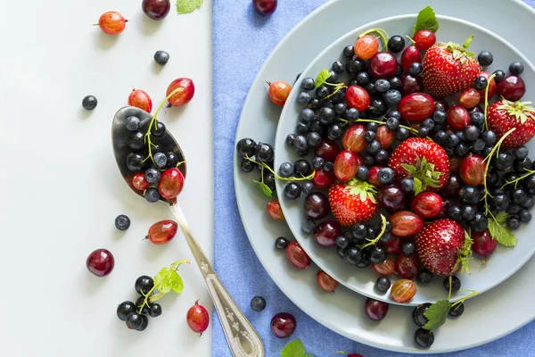 Fruit Salad Strawberry Blueberry Cherry Gooseberry Black Currant Wooden Gray — Stock Photo, Image