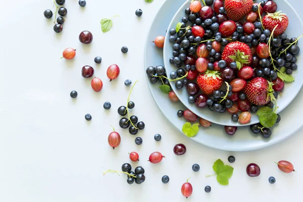 Fruit Salad Strawberry Blueberry Cherry Gooseberry Black Currant Wooden Gray — Stock Photo, Image