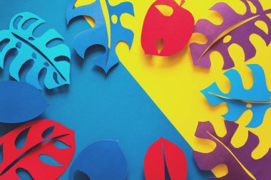 Yaz tropikal bitki arka plan. Monstera çerçeve bırakır. Canlı renkler. Kağıdı tarzı kesin. Düz yatıyordu. Uzay kopyalayın. Tonda