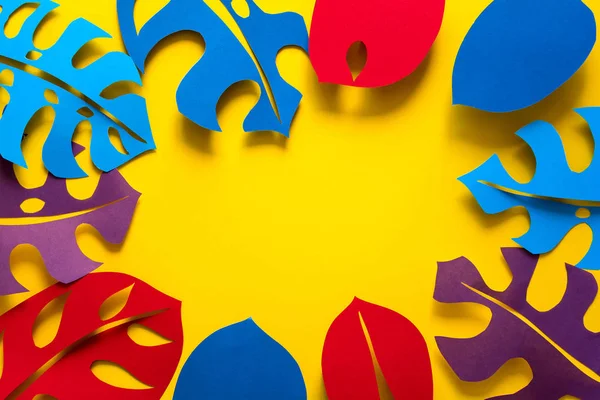 Yaz tropikal bitki arka plan. Monstera çerçeve bırakır. Canlı renkler. Kağıdı tarzı kesin. Düz yatıyordu. Kopya alanı.